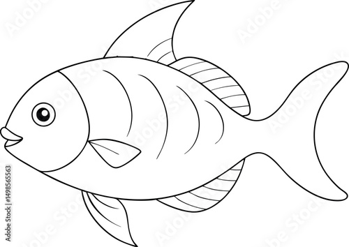 Simple black and white line drawing illustrates a fish with fins and tail