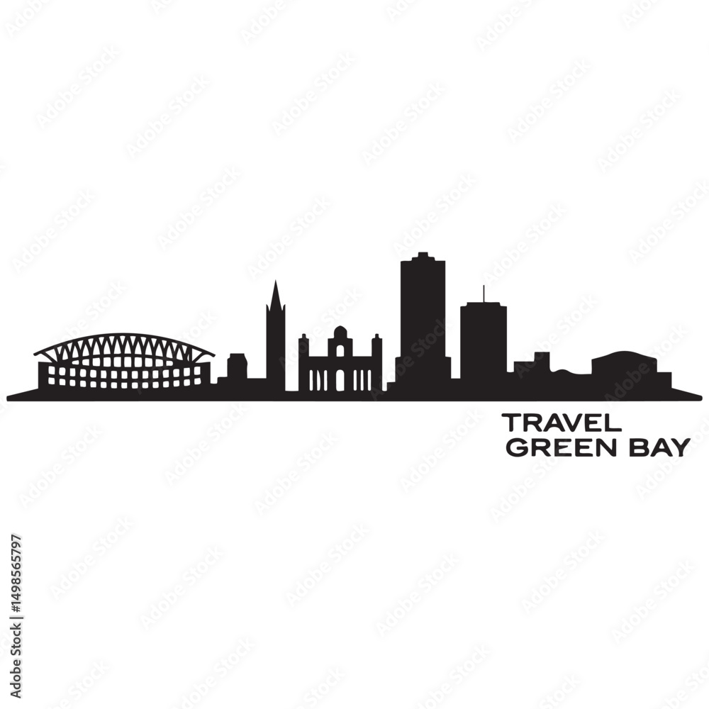 Naklejka premium Vector Green Bay skyline. Travel Green Bay famous landmarks. Business and tourism concept for presentation, banner, web site. Vector black silhouette. with white background