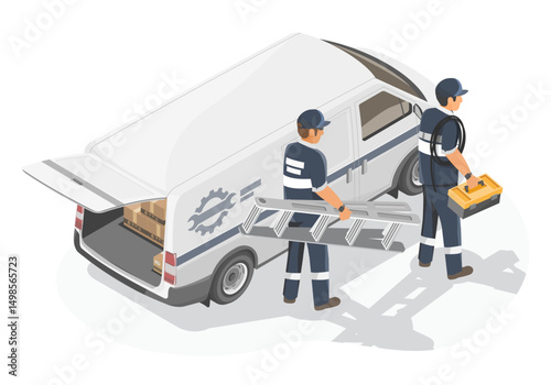 Professional maintenance and service technicians preparing equipment from company van for on-site repair and installation tasks