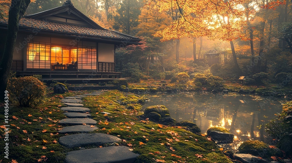 Fototapeta premium A forest-surrounded Japanese home with tea room facing moss garden, autumn leaves scattered across stone path, golden light filtering through, wide-angle peaceful reflection 