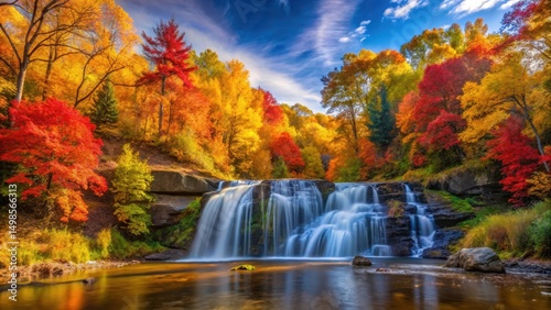 A serene waterfall surrounded by vibrant autumn orange trees, their leaves glowing in shades of golden yellow and deep crimson against a blue sky backdrop, nature photography, scenic landscape