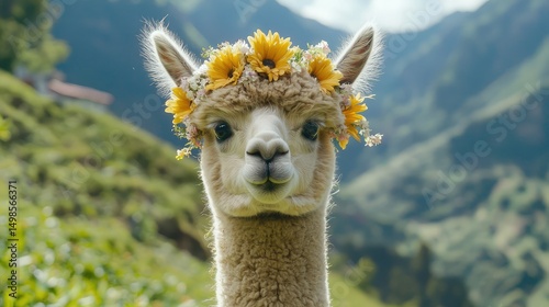 A baby alpaca with a flower crown standing in a green meadow