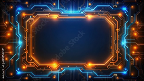 Futuristic glowing blue and orange tech frame on black background with intricate circuitry details , innovative