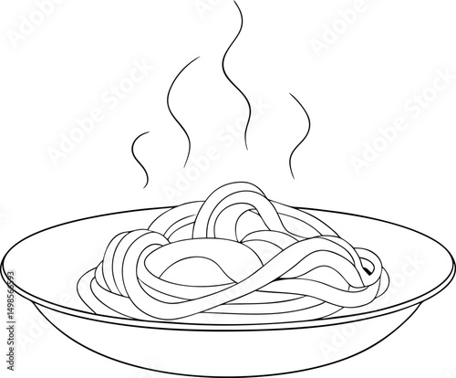 Steaming spaghetti resting in a simple bowl is outlined against a transparent backdrop
