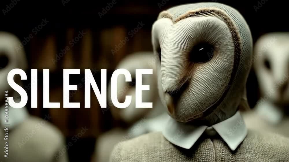 A surreal scene of masked figures with owl-like heads wearing collared coats, slowly turning in synchronized motion under moody lighting with the word 'SILENCE' appearing throughout.