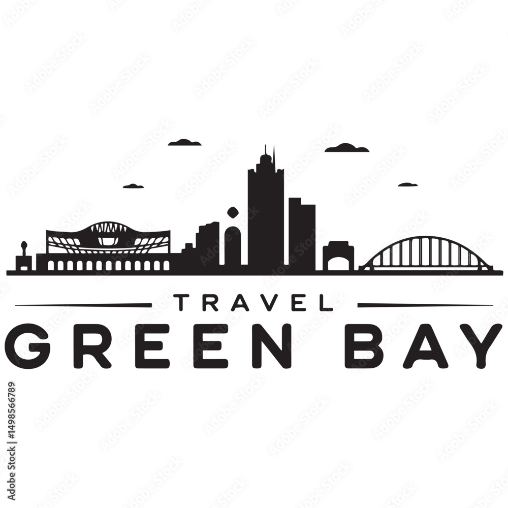 Obraz premium Vector Green Bay skyline. Travel Green Bay famous landmarks. Business and tourism concept for presentation, banner, web site. Vector black silhouette. with white background