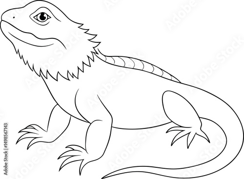 A stylized outline depicts a bearded dragon lizard attentively looking forward on transparent background