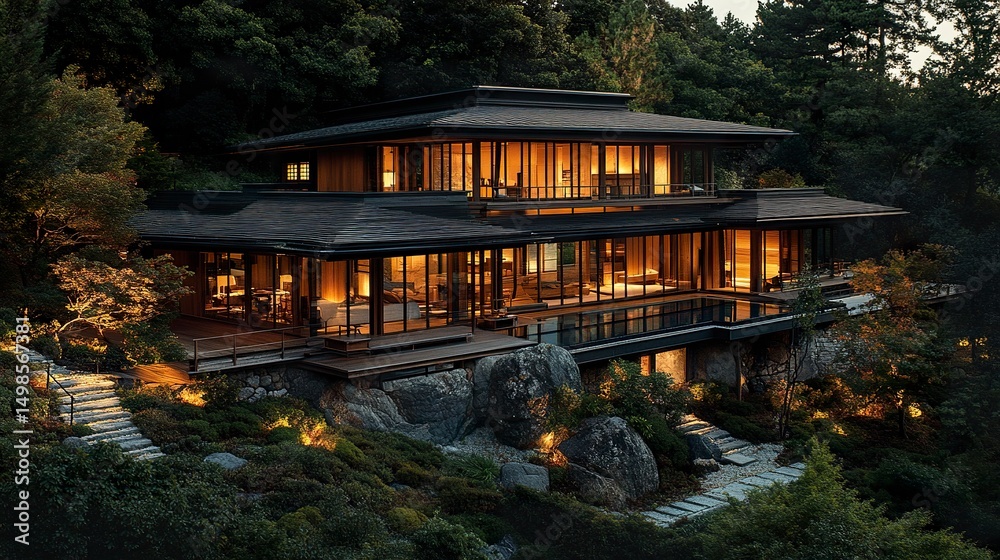 Fototapeta premium A Japanese temple-inspired home nestled into forest hillside, wood and stone blending into nature, golden hour serenity, wide-angle spiritual retreat 