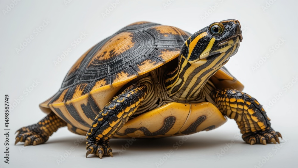 Fototapeta premium Close-Up of a Colorful Turtle Showcasing Its Distinctive Shell Patterns on a White Background