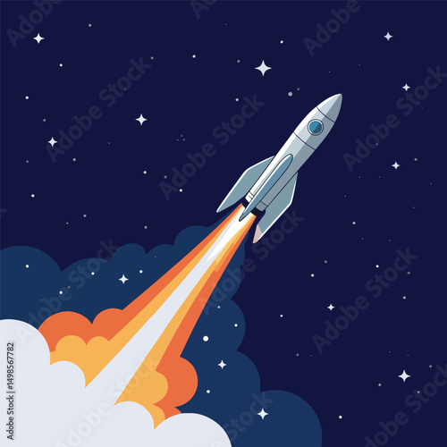 Fototapeta Naklejka Na Ścianę i Meble -  A rocket ascends into the night sky leaving a trail o f fire and mission Bright stars twinkle above while colorful clouds surround the striking launch vector design elements. 