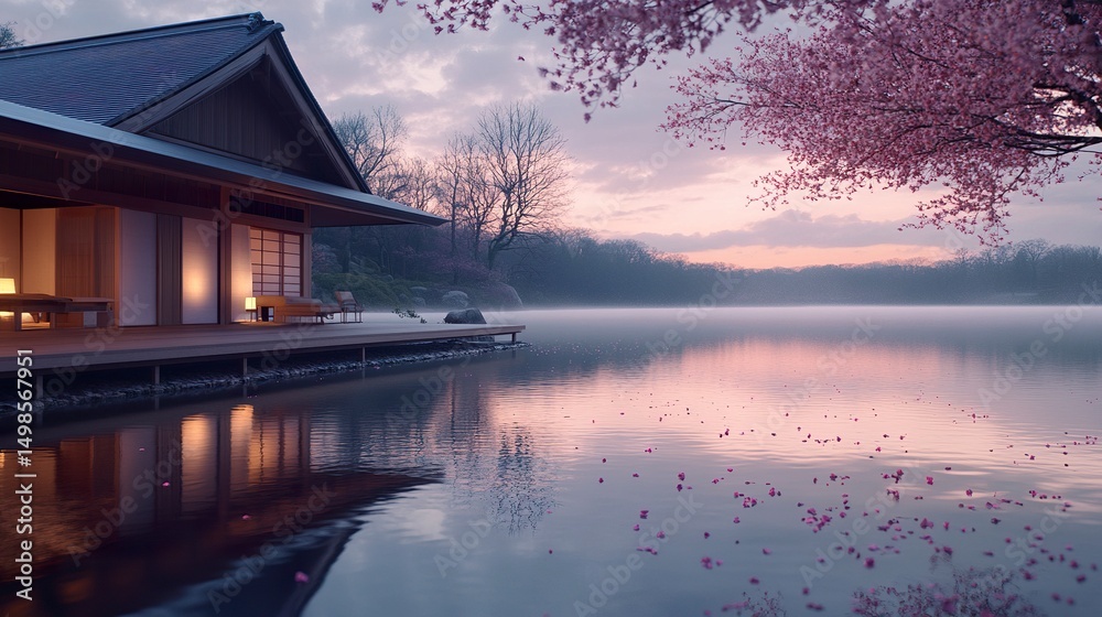 Fototapeta premium A lakeside Japanese house with wide engawa deck, petals drifting onto calm water, glowing horizon reflecting softly 