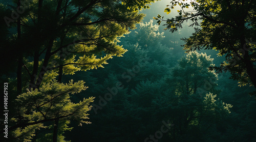 Sunlit forest canopy, vibrant green foliage, sunlight filtering through leaves.