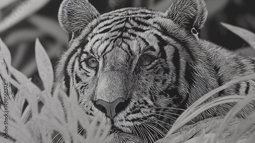 black and white depiction of a tiger showing sharp stripes and strong expression captured with exquisite craftsmanship and wild energy