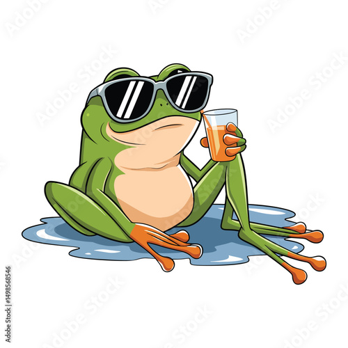 Amusing frog wearing a glasses vector, Cartoon frog drinking juice wearing sunglasses on water Vector design element.