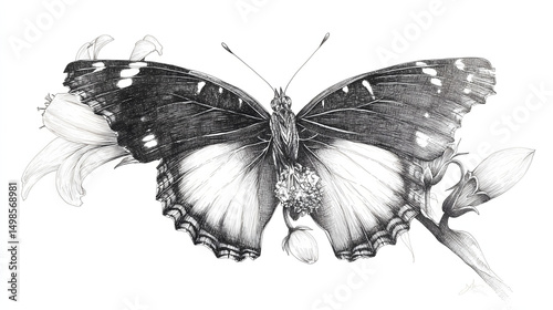 delicate black and white illustration of a butterfly resting on a flower, highlighting intricate wings and soft flowing petal shapes