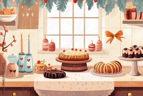 Sweet treat day.A stylized illustration of a home bakery, with pastries cooling on a kitchen counter, surrounded by festive decorations, celebrating National Pastry Day