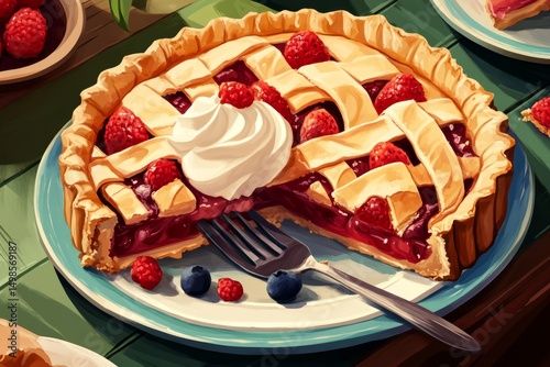 A colorful illustration of a pie being sliced, with a perfect slice being served on a plate, showing flaky crusts and delicious fillings.National pastry day, sweet treat day.