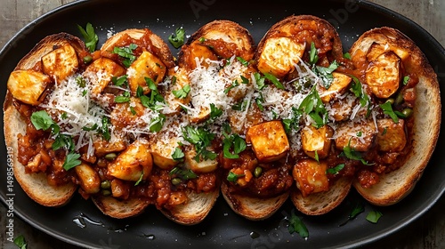 Roasted vegetable bruschetta, close-up