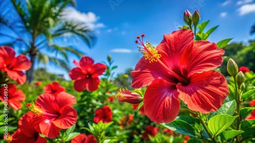 Vibrant red hibiscus flowers bloom in a lush garden with greenery and blue sky , hibiscus, blooms