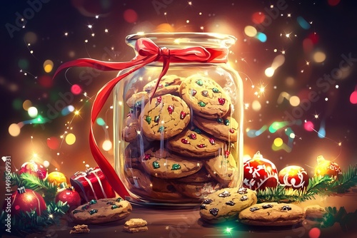 An illustration of a cookie jar overflowing with different types of cookies, with a few cookies peeking out.National cookie day.Yummy desserts.Sweet treat day.