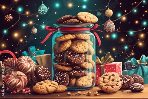 National cookie day.Yummy desserts.Sweet treat day.An illustration of a cookie jar overflowing with different types of cookies, with a few cookies peeking out