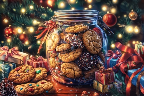 An illustration of a cookie jar overflowing with different types of cookies, with a few cookies peeking out.Sweet treat day.National cookie day.Yummy desserts.