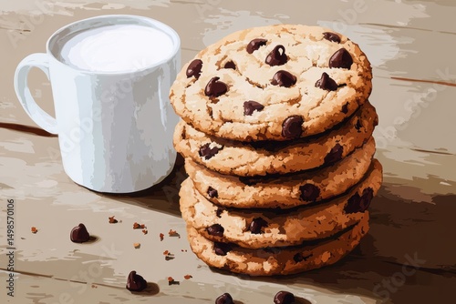 Sweet treat day.National cookie day.Yummy desserts.An artistic illustration of a stack of freshly baked cookies with gooey chocolate chips, surrounded by a cup of milk