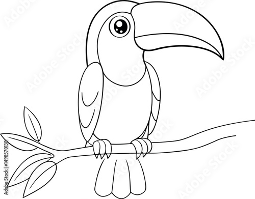 Hand drawn toucan is perching calmly on the leafy branch in monochrome