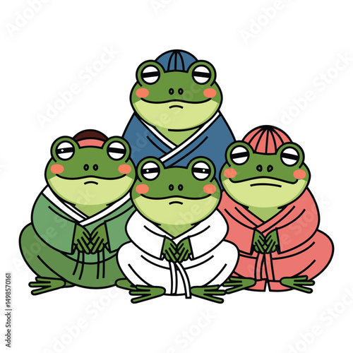 Cute four dressed cartoon frogs sitting together character vector design illustration.