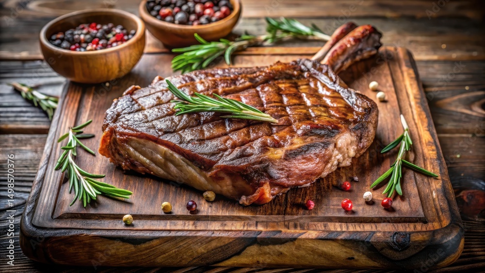 Grilled Ribeye Steak on bones on wooden board, juicy, grilled, juicy, grilled, charred, cooking, fire, protein, nutrition, savory, meat Grilled Ribeye Steak on bones on wooden board, juicy, grilled, juicy, grilled, charred, cooking, fire, protein, nutrition, savory, meat