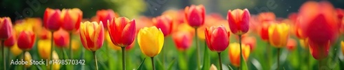 Vibrant tulips in a lush spring garden bursting with color; a cheerful scene of nature's awakening , yellow, springtime, background