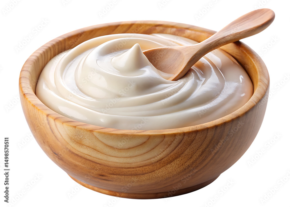 Creamy White Yogurt Swirled in Wooden Bowl with Spoon Isolated on Transparent Background. Creamy White Yogurt Swirled in Wooden Bowl with Spoon Isolated on Transparent Background.