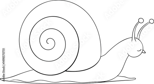 Line art snail slowly moves along its path in black and white