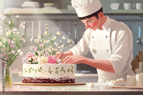 An illustration of a chef in a professional kitchen, decorating a cake with intricate icing designs and fresh flowers, preparing it for National Dessert Day.Good dessert.Sweet day.