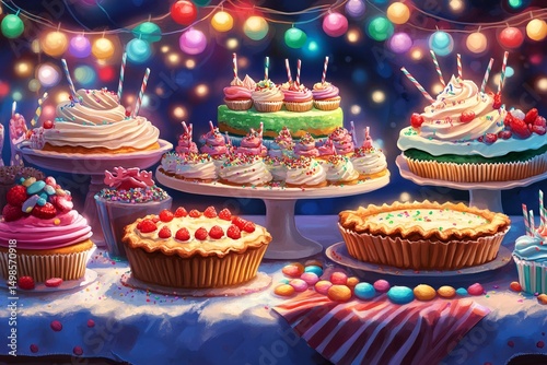 A whimsical illustration of a dessert buffet, featuring an array of colorful desserts such as cupcakes, pies, and mousse.Good dessert.National dessert day.Sweet day.