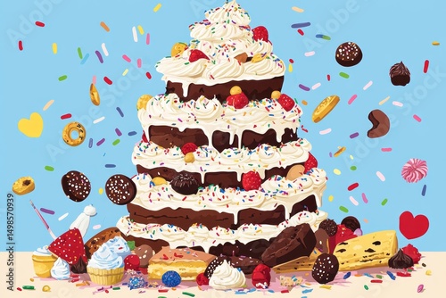 A playful illustration of an extravagant dessert tower, with layers of cakes, cookies, and pastries stacked high.Good dessert.National dessert day.Sweet day.