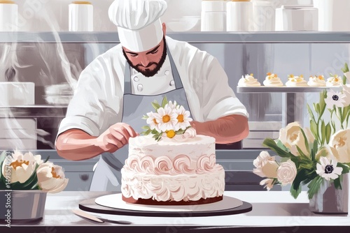 Good dessert.Sweet day.An illustration of a chef in a professional kitchen, decorating a cake with intricate icing designs and fresh flowers, preparing it for National Dessert Day