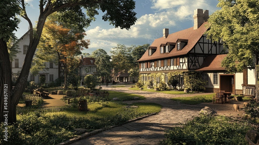 Fototapeta premium Picturesque European Village Scene: A Tranquil Summer Day