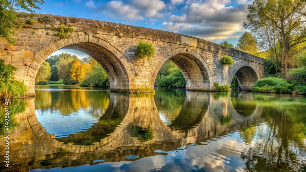 Fototapeta premium Ancient stone bridge with worn arches over a serene river, ancient, passage, ancient, passage, isolated, serenity