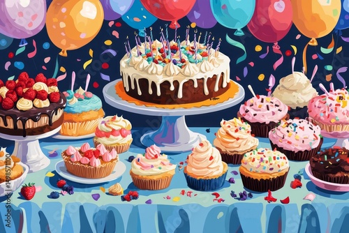 A cheerful illustration of a celebration table filled with birthday cakes, cupcakes, and other sweet treats, with balloons to mark the special occasion of National Dessert Day