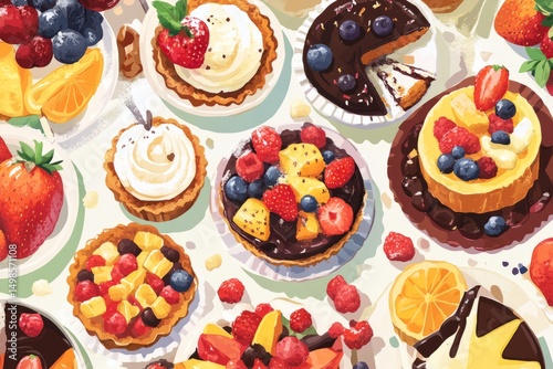 A illustration of a variety of desserts, including fruit tarts, chocolate cake slices, and bowls of ice cream, all placed on a beautifully decorated table for National Dessert Day