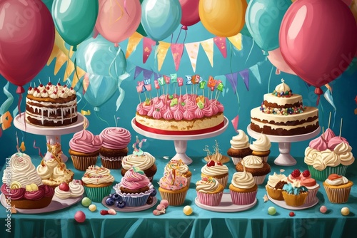 A cheerful illustration of a celebration table filled with birthday cakes, cupcakes, and other sweet treats, with balloons and streamers overhead