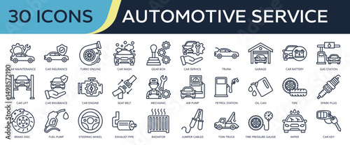 Collection of Automotive Service icons, related to car maintenance, car Service, car wash, car insurance, car parts and more. Outline icons vector illustation.