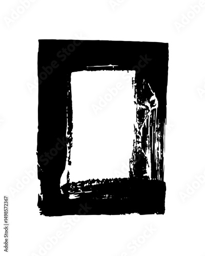 Watercolor grunge frame. Rough brush stroke. Torn dirty texture with black paint on white background. Fat damaged sprayed lines. Vintage retro style element for any design. Printing for textiles