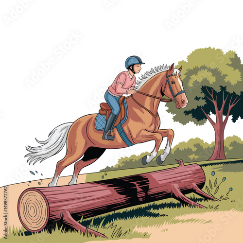 Man riding a brown horse jumping over a fallen tree vector design illustration.