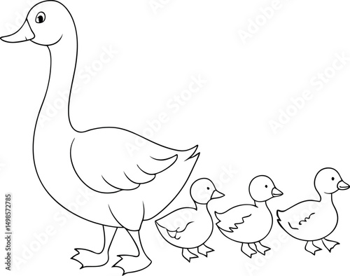 Outlined mother duck leads her three cute ducklings in a single file
