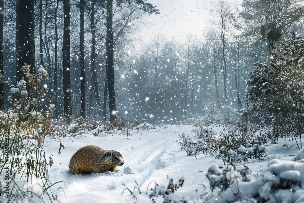Obraz premium A photograph of a snowy forest where a groundhog is seen darting back into its burrow, with delicate snowflakes falling around it.Groundhog day.Punxsutawney phil.Weather prediction.