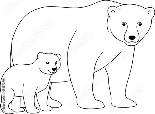 Outlined mother polar bear protects her cub in this minimalist line art