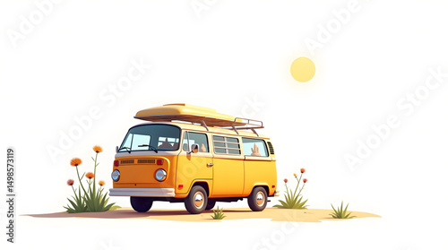 A charming vintage van resting gracefully on a golden sandy beach under a broad, clear blue sky. The van’s distinctive orange and white design exudes a retro allure that instantly transports