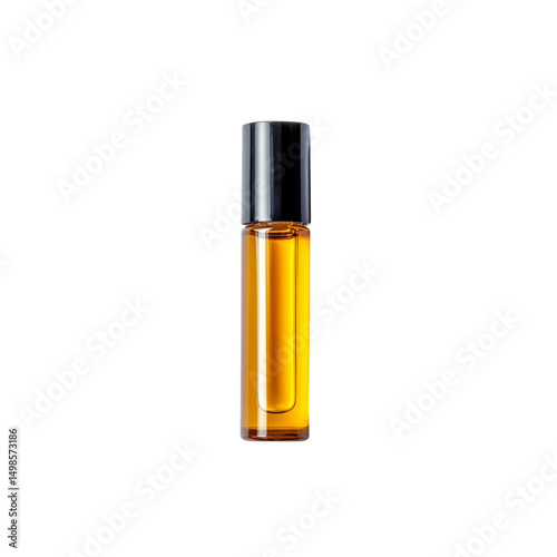 Amber Glass Roll-On Bottle with Black Lid, Isolated on Black Background